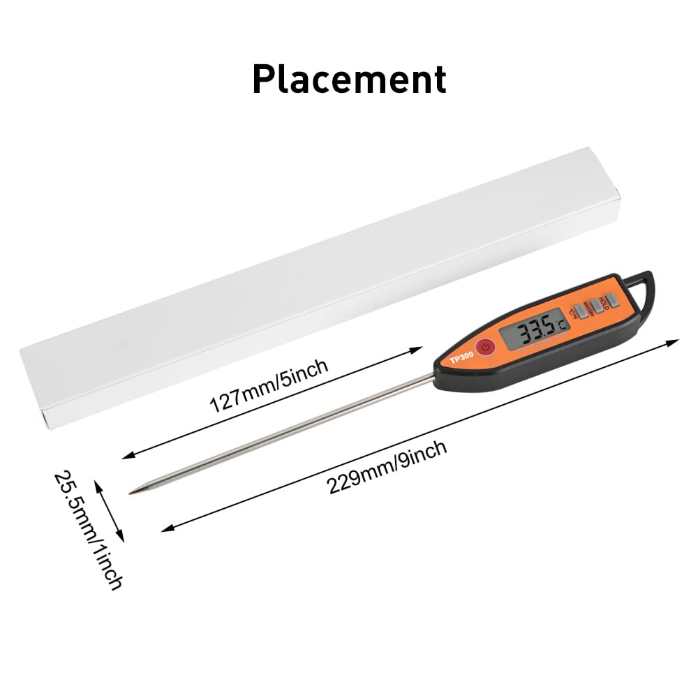 Wisebee Digital Meat Thermometer, Instant Read, ℃/℉ Switch, Long Stainless Steel Probe, Battery Powered, Food Thermometer for Cooking, Baking, Steak, Grilling and Frying (Orange)
