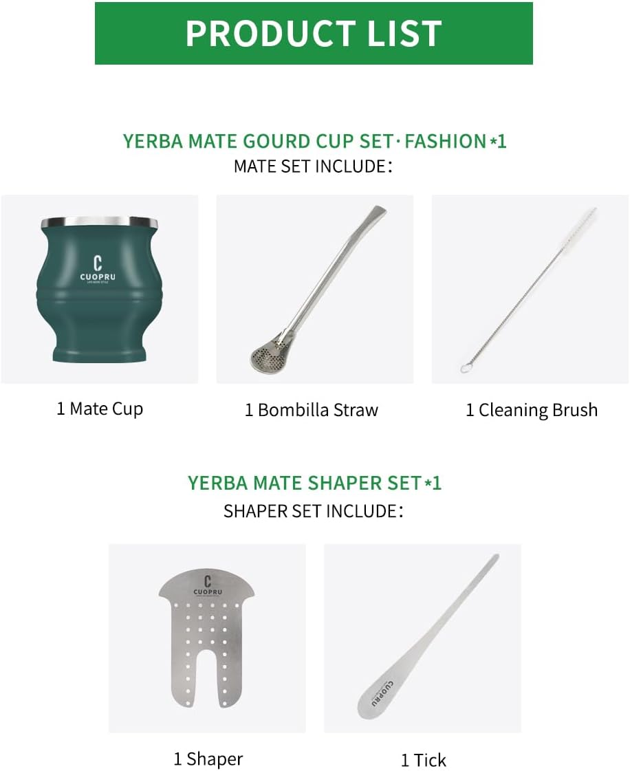 Yerba Mate Cup - Mate Gourd Set Includes Double Walled Stainless Steel Tea Cup, Tea Shaper set, Bombilla Straws, Cleaning Brush (Silver)