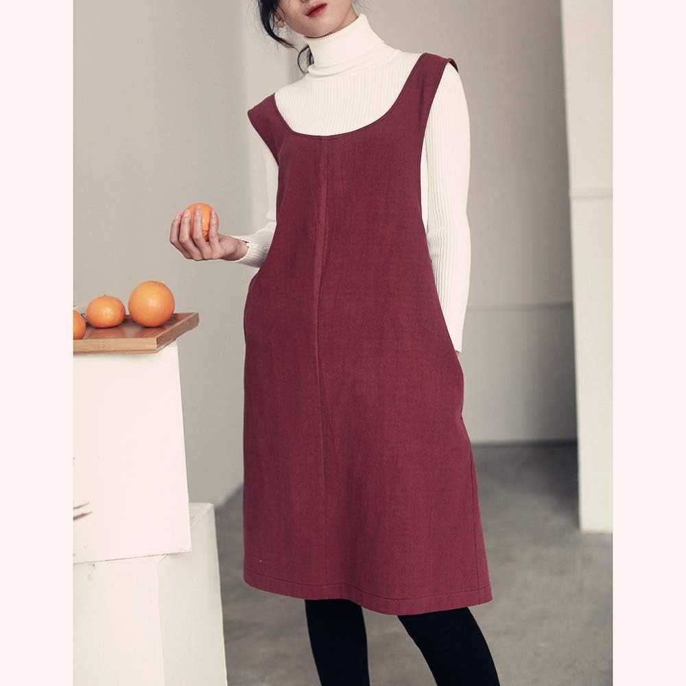 Cotton Linen Japanese Apron Halter Cross Back Bandage X Shape Aprons Two Pockets
