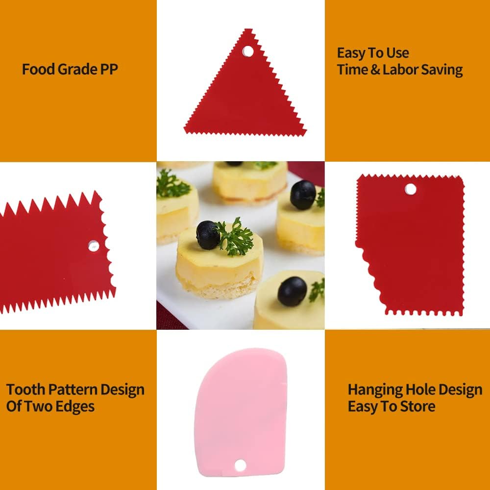 Cake Scraper Cake Decorating Comb,Cake Scraper Smoother,Flexible Plastic Dough Scraper For Bread Making,Reusable Pastry Pizza Dough Cutter Tool For Baking Cake Edge Stripe Decorating(6Pcs,Red,Pink)