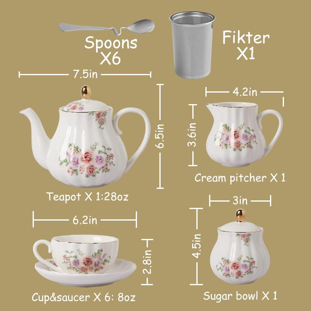 Porcelain Tea Sets British Royal Series, 8 OZ Cups & Saucer Service for 6, with Teapot Sugar Bowl Cream Pitcher Teaspoons and Tea Strainer, Suitable for High Tea, Wedding, Party(Morning glory)