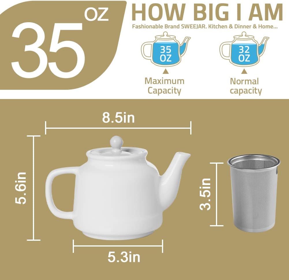 Sweejar 35 oz Porcelain Tea Pot, Teapot with Removable 18/8 Stainless Steel Infuser, Microwave & Dishwasher Safe Tea Maker, Tea Infuser Pots for Blooming loose Leaf Tea,Chrismas Women Gift (Pink)