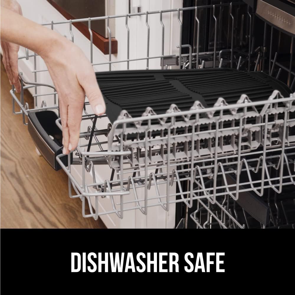 GORILLA GRIP 100% BPA-Free Patented Silicone Dish Drying Mat for Kitchen Counter, Water Catching Ribbed Design, Easy Clean Waterproof Sink Liner, Heat Resistant, Fits Under Rack, 13x11 Inch, Black