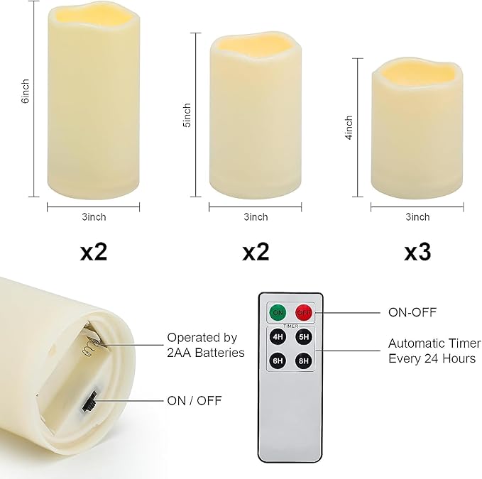 Aignis 7pcs Flameless LED Candles Battery Operated with Remote Timer, Outdoor Indoor Waterproof, Warm Glow for Cozy & Romantic Home/Wedding/Holiday Décor (D 3'' x H 4''/5''/6'')
