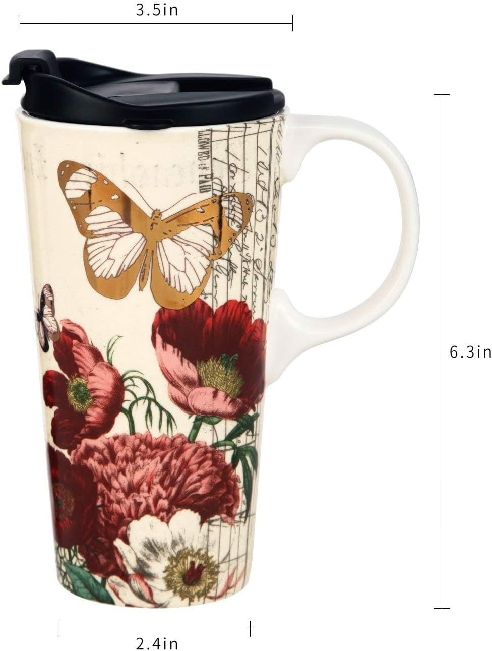 Topadorn 17 OZ Ceramic Coffee Mug Travel Cup with Lid and Gift Box, Red Flower and Butterfly