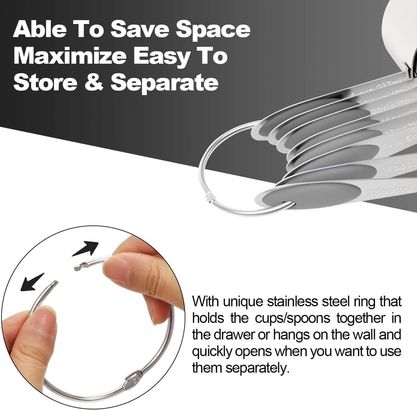 Measuring Cups & Spoons Set of 16, Wildone Stainless Steel Measuring Cups and Measuring Spoons with Gray Silicone Handle, Including 8 Nesting Cups, 8 Spoons, for Dry and Liquid Ingredient