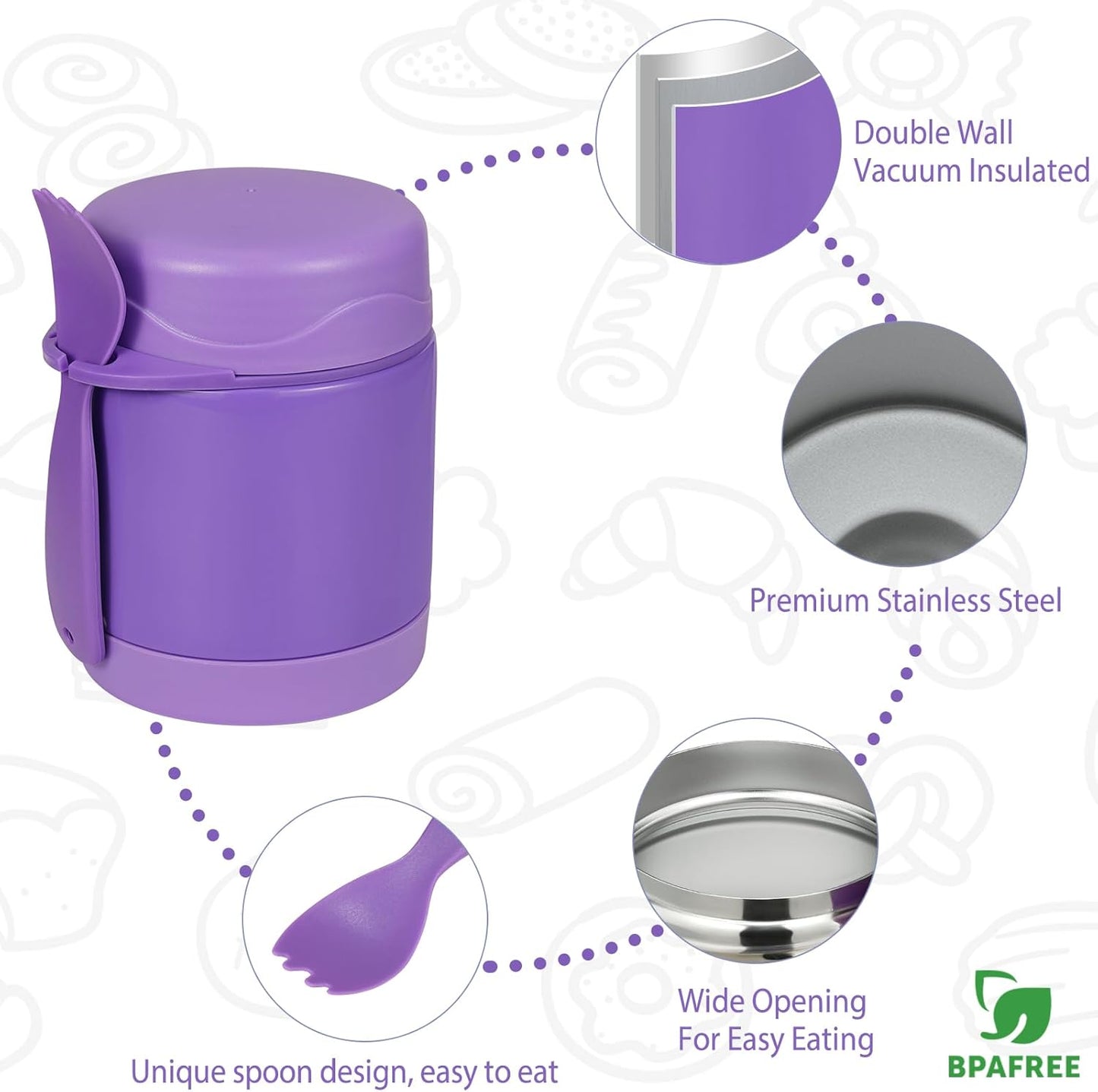 10oz Soup Thermo for Hot Food Kids,Lunch Thermo Kids Food Jar with Spoon Hot Insulated Food Containers,Leak Proof Stainless Steel Wide Mouth Lunch Food Thermo Jar for School(Purple)