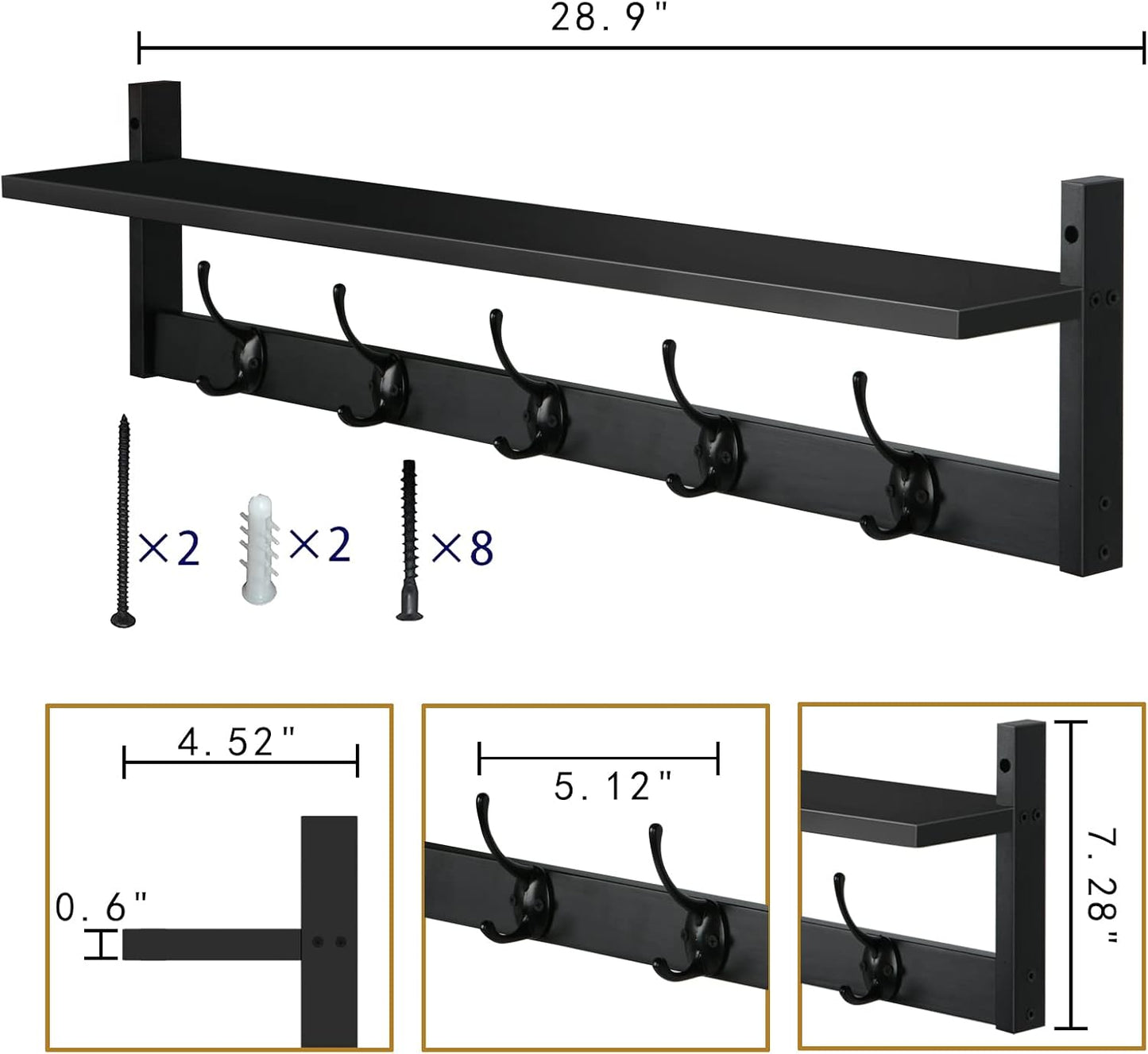 BAMEOS Wall-Mounted Shelf with Hooks - 28.9 Inch Entryway Hanging Shelf with 5 Dual Hooks for Bathroom, Living Room, Bedroom (Black)
