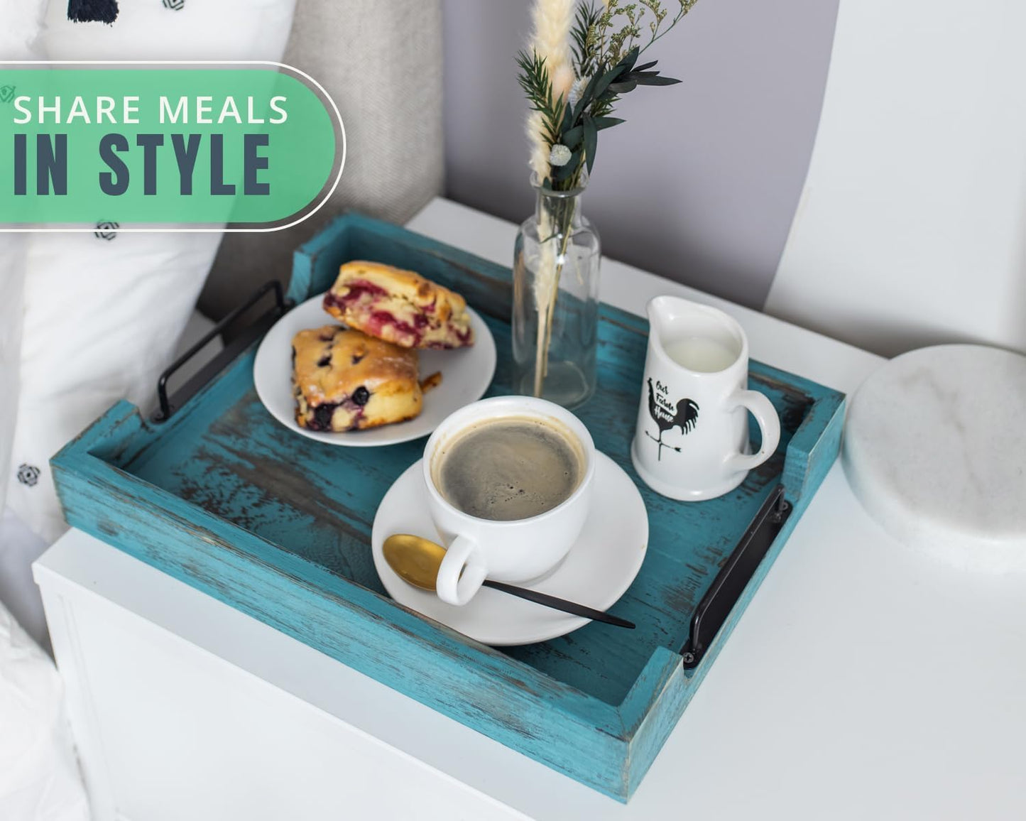 Rustic Wooden Serving Trays with Handle - Set of 2 - Large and Small, Nesting Multipurpose Trays - for Breakfast, Coffee Table/Butler & More - Rustic Blue