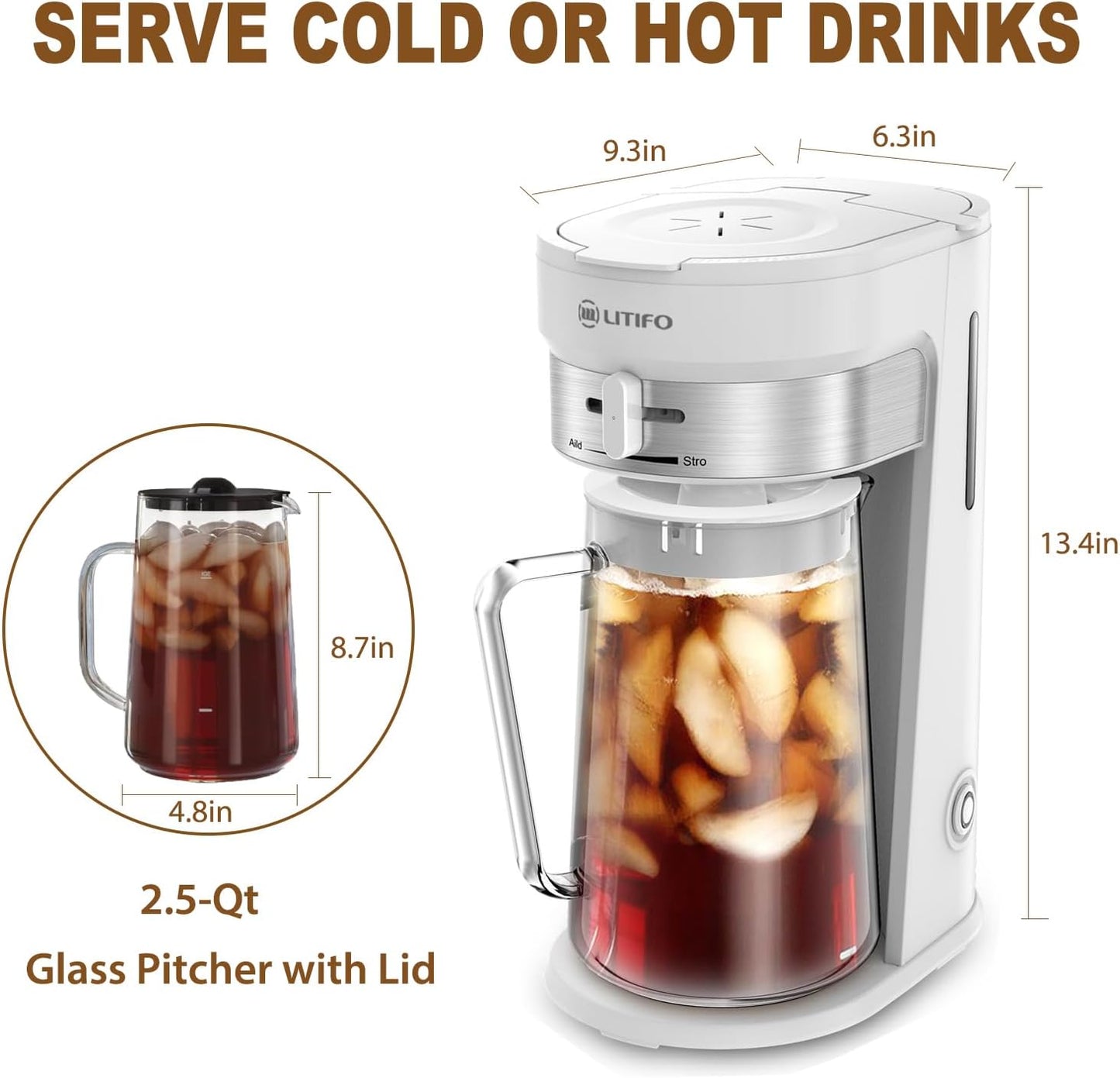 LITIFO Iced Tea Maker and Iced Coffee Maker Brewing System with 2.5-quart Pitcher, sliding strength selector for Taste Customization, Stainless Steel (White)