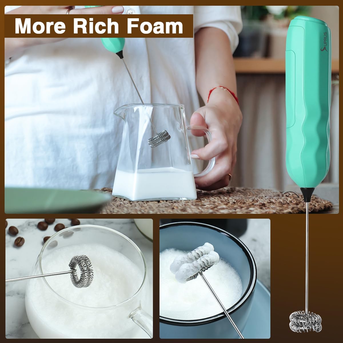 SUPRUS Ultra Fast Handheld Milk Frother Double Whisk with Stand 2 Batteries Stainless Steel for Lattes Cappuccino Matcha Hot Chocolate Coffee Bar Accessories Kitchen Gadgets Gift