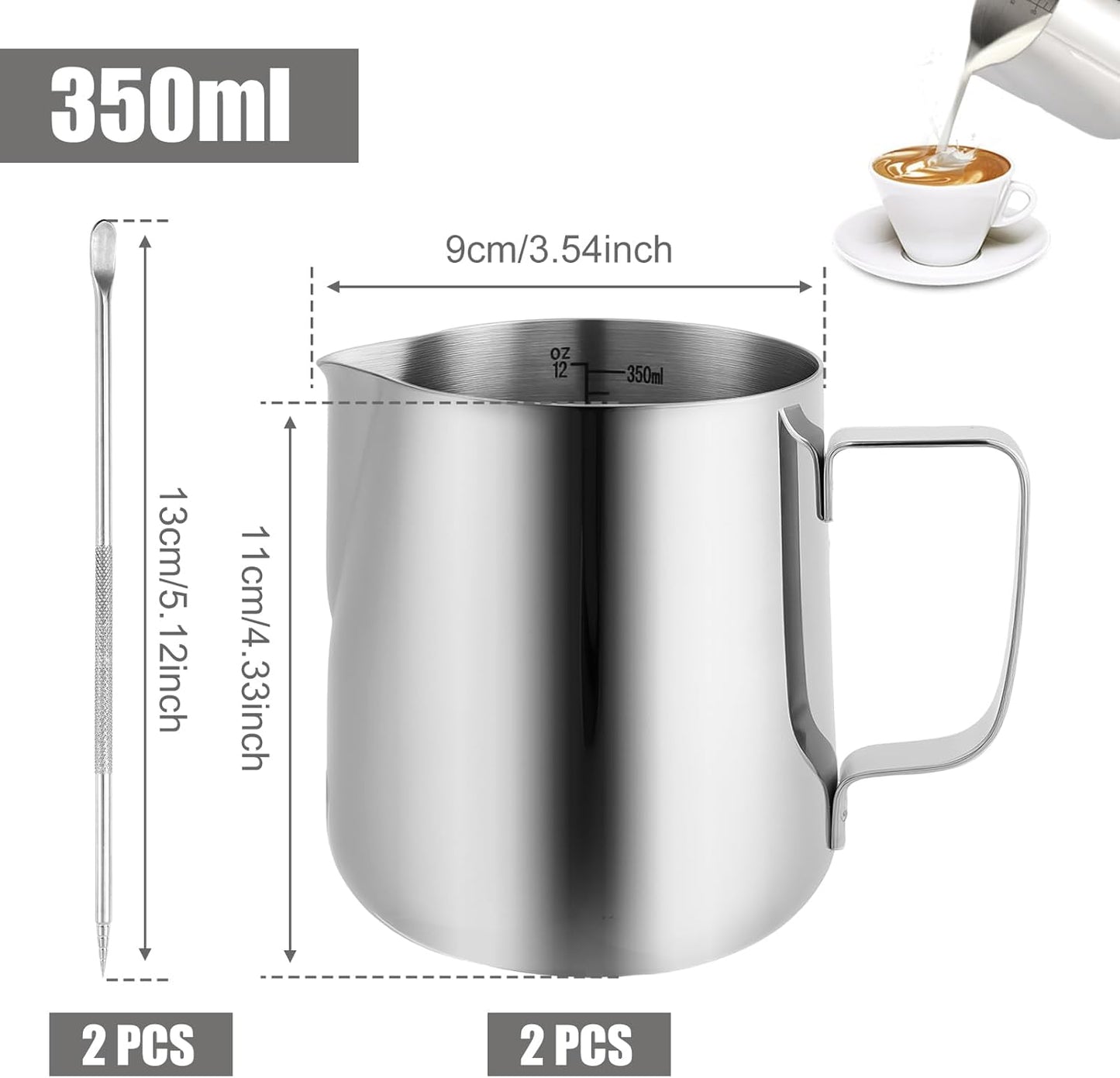 2PCS 350ML/12oz Milk Frothing Jug for Coffee Machine 304 Stainless Steel Milk Pitcher Cup with Spoon Milk Cup for Making Cappuccino Latte and Espresso