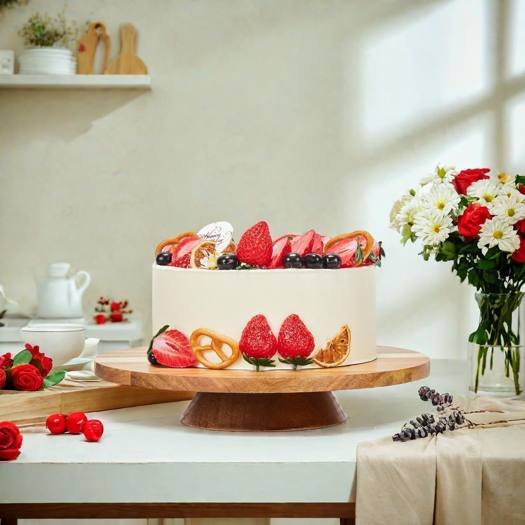 12" Acacia Wood Revolving Cake Stand, Rotating Cake Turntable with 2 Plastic Icing Spatulas, 3 Plastic Smoothers, Wooden Rotating Display Stand for Cake, Cupcake Decorating Supplies