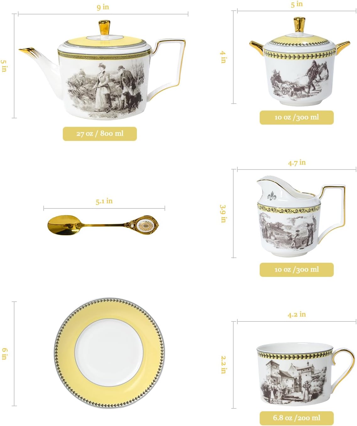 ACMLIFE Tea Set for Adults- Fine China Tea Set for 6, 21-Piece Vintage Coffee Set English Porcelain Tea Pot Sets for Adult Tea Party for Women Gift (Yellow, Extra Large 21)