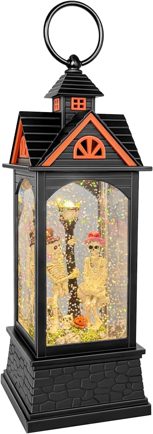 Halloween Snow Globe Lantern, Spooky Ghost Halloween Decor, Plug-in & Battery Operated Snow Globes for Halloween Decorations Indoor