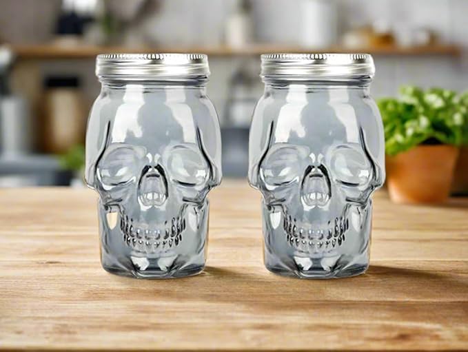 Set of 2 Skull Mason Jar Glasses with Lids | 16oz Reusable Halloween Drinking Glasses | Unique Skull Décor, Storage, & Canning Jars for Parties & Gifts