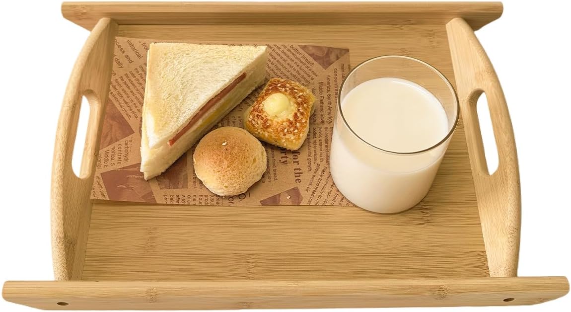 Bamboo Serving Tray Rectangle Platter Breakfast Dinner Food Bed Tray for Eating Kitchen Restaurants (1, 15" x 10.2" x 1.2" (with Handle))