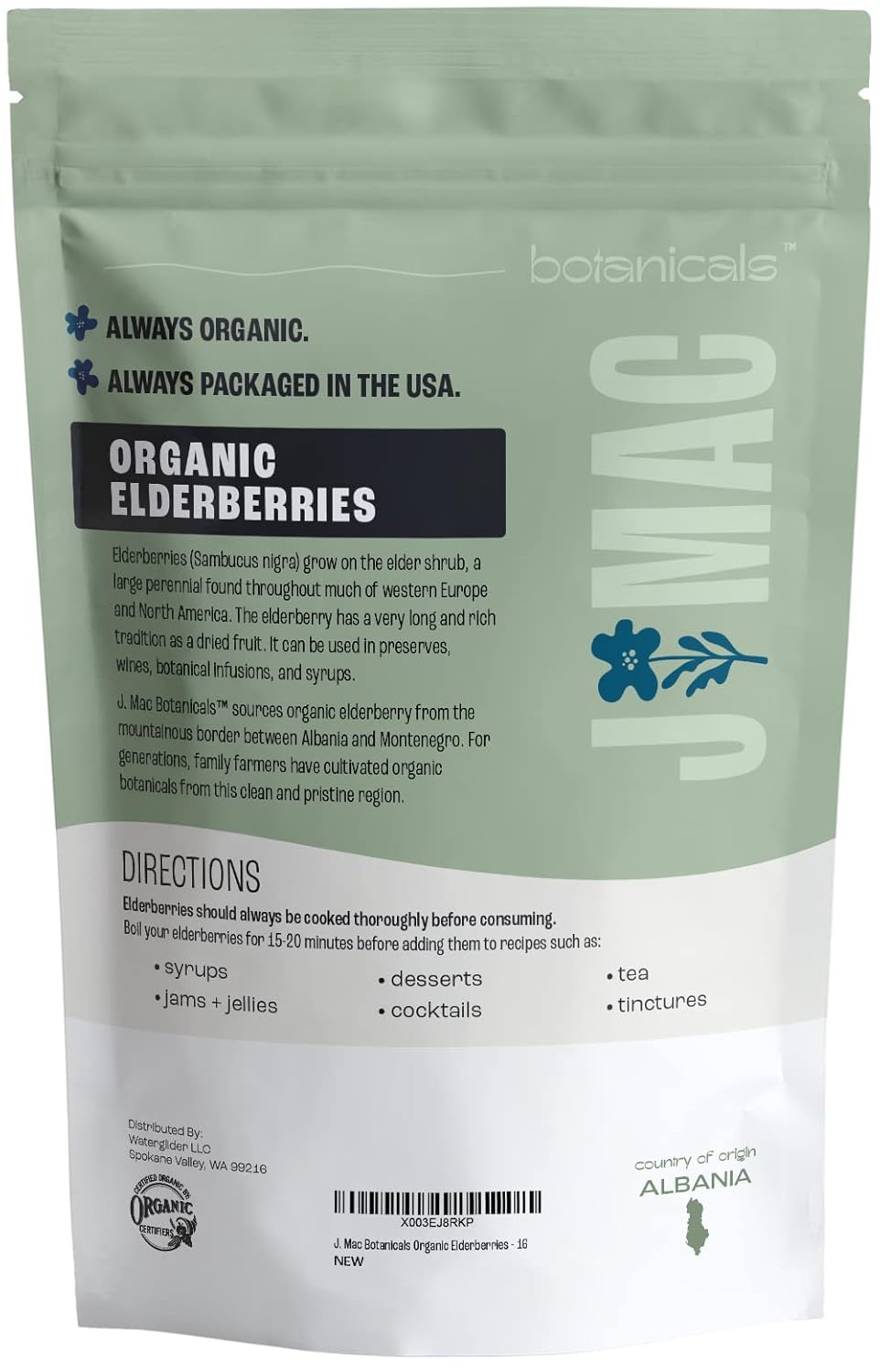 J Mac Botanicals Certified USDA - 100% Organic Dried Elderberries - 1lb Bulk - Non-Irradiated, Non-GMO, Whole Black Elderberry Immune Support - Raw Vegan Sambucus 1 Pound