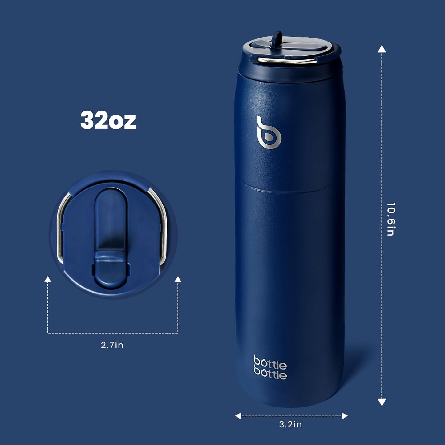 BOTTLE BOTTLE Stainless Steel Water Bottle with Straw and Lid 32 oz Vacuum Insulated Cup Stay Cold and Hot, Leak-Proof Wide Mouth Water Bottles for Men,indigo blue