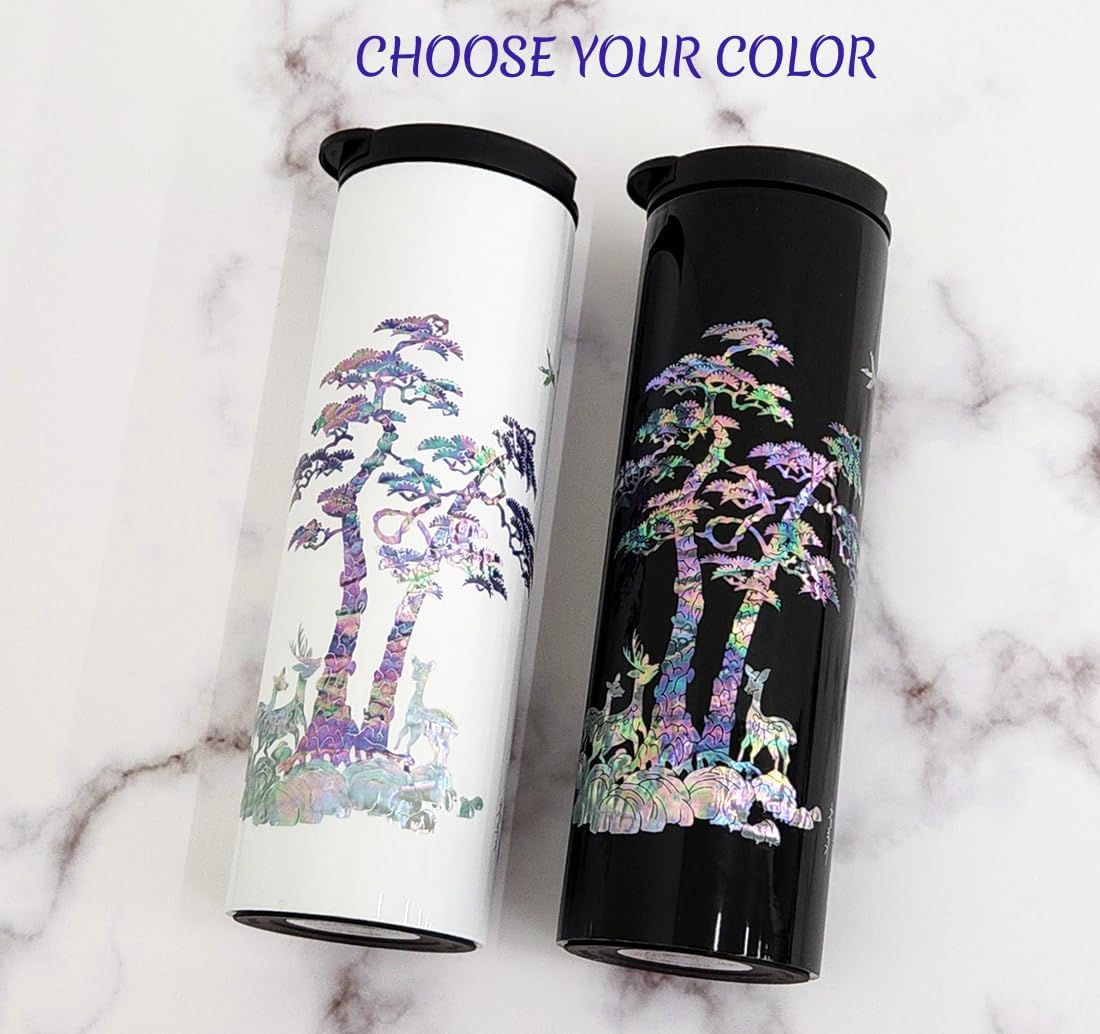 Mother of Pearl Design Stainless Steel Water Bottle 17 oz Leakproof Screw Cap Wide Mouth Double Wall Vacuum Insulated Travel Sport Water Flask Thermo Mug (Deer Pine White)