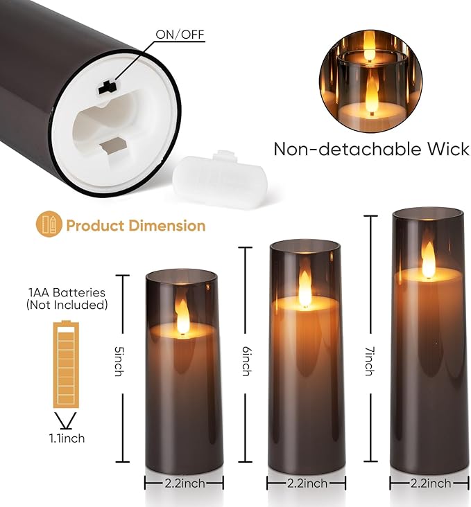 Homemory Decorative Flameless Candles, Battery Operated Candles with Remote & Timer, Flickering Led Pillar Candles, Plexiglass, Grey, Pack of 9, D2.2 xH 5" 6" 7"