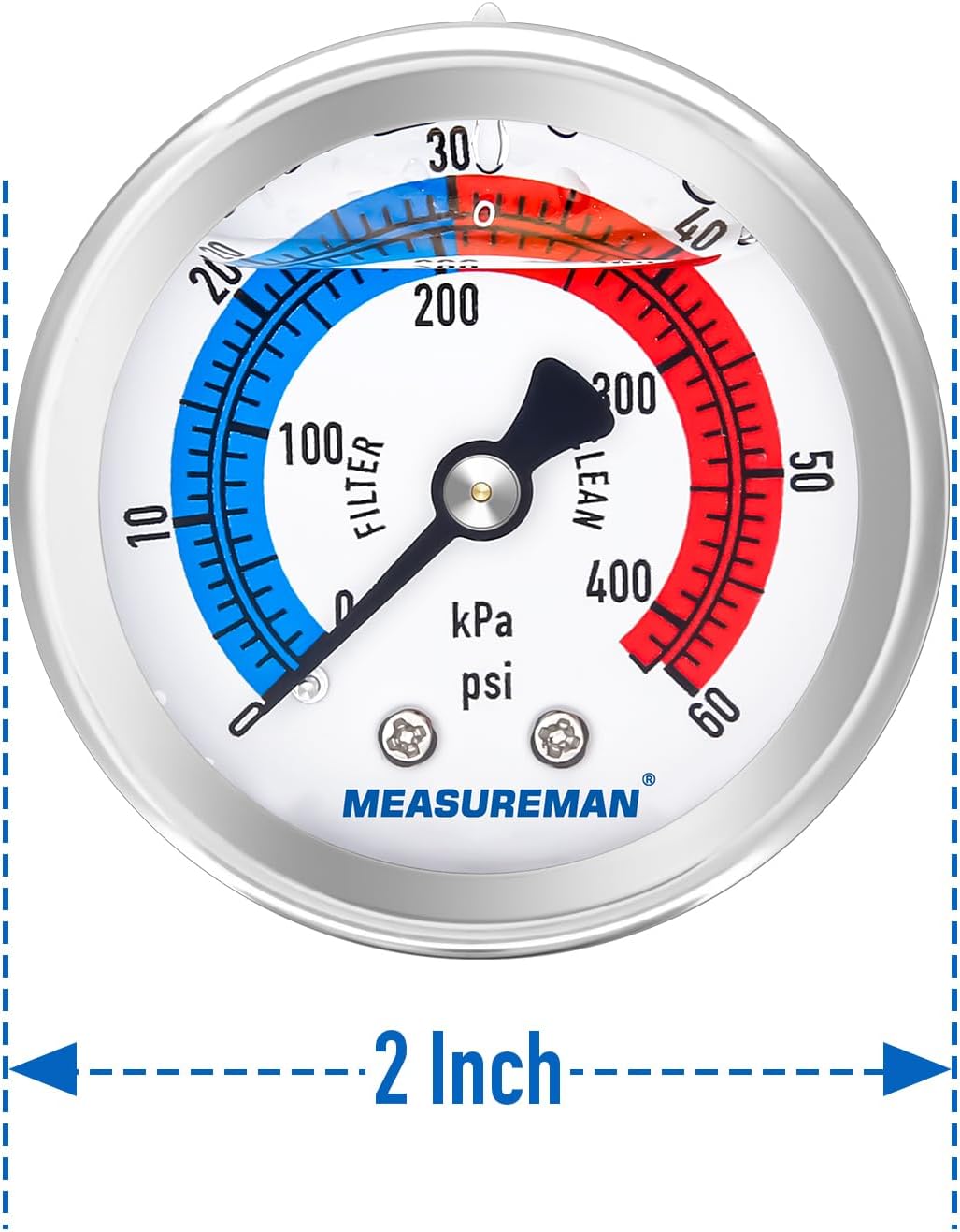 MEASUREMAN 2" Dial Size, Liquid Filled Pool Filter Pressure Gauge, 304 Stainless Steel Case, 0-60psi/420kpa,1/4" NPT Center Back Mount