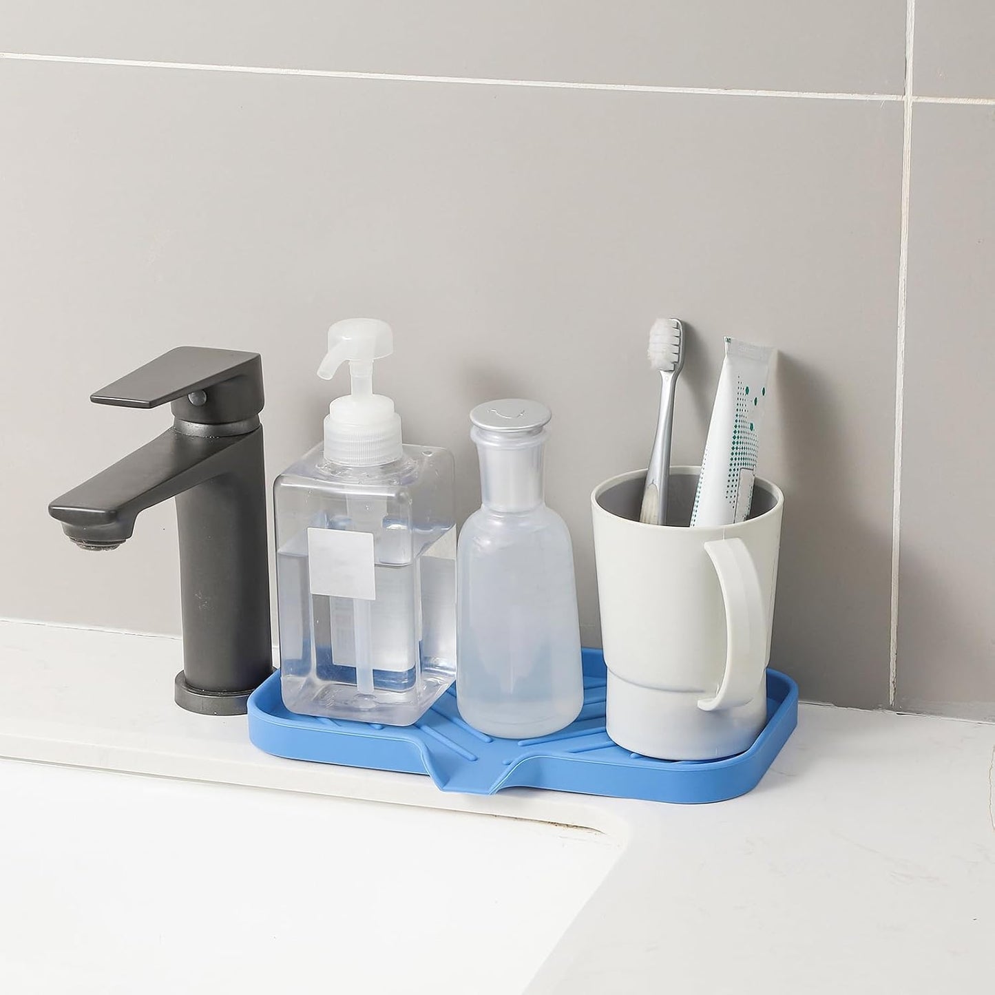 Silicone Bathroom Soap Dishes with Drain Spout Bathroom and Kitchen Sink Organizer,Sponge Holder,Dish Soap Tray,Perfect for Dispenser,Scrubber,Bottle,Cup on Counter Lichen Blue 9.6"×5.3"