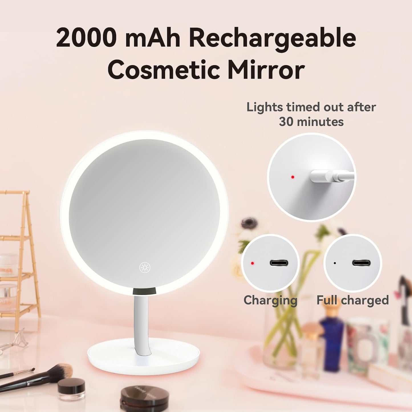 9.65-inch Lighting Makeup Mirror, 1x / 10x,Touch Control,3-Color Adjustable,Metal Stand,up and Down Adjustable Makeup Mirror, High Color Rendering, Eye-Protecting Light Source,Silver
