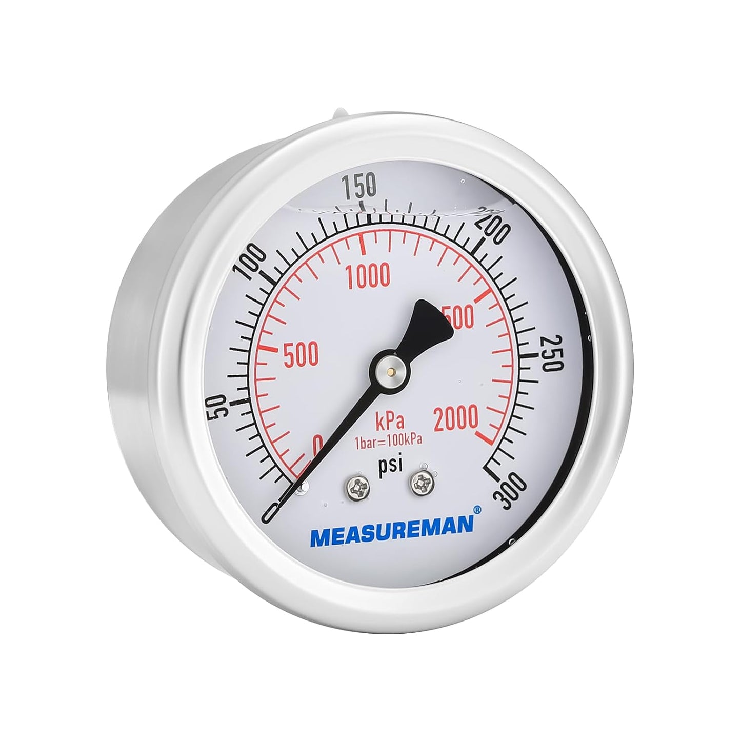 MEASUREMAN 2-1/2 inch Dial Size, Liquid Filled Pressure Gauge, 0-300psi/2000kpa, 304 Stainless Steel Case, 1/4 inch NPT Back Mount