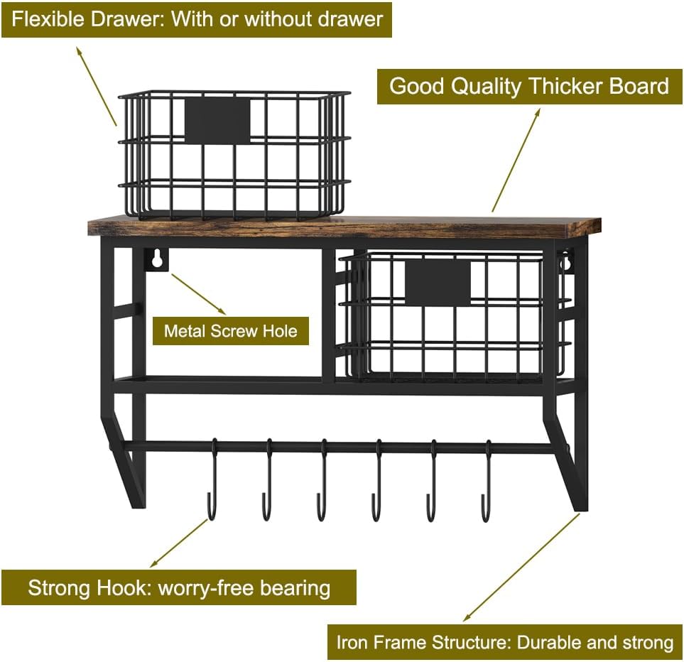 Helsin Industrial Wall Mounted Metal Wood Floating Shelves with Baskets Hooks Hanging Display Shelf Sundries Holder for Coffee Bar Kitchen Bathroom Organization and Home Decor, Black (16inch, 1 Set)