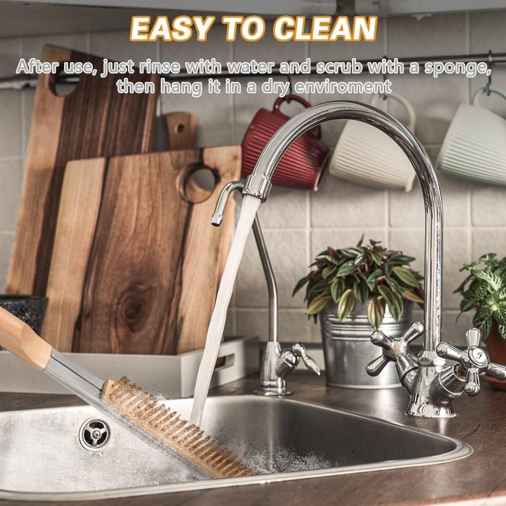 Pizza Oven Brush, 26" Brush and Stainless Steel Scraper for Pizza Stone, BBQ Grill Cleaning Brush Non Scratch Heat Proof Brass Bristles with Screwdriver, Outdoor Pizza Oven and Accessories