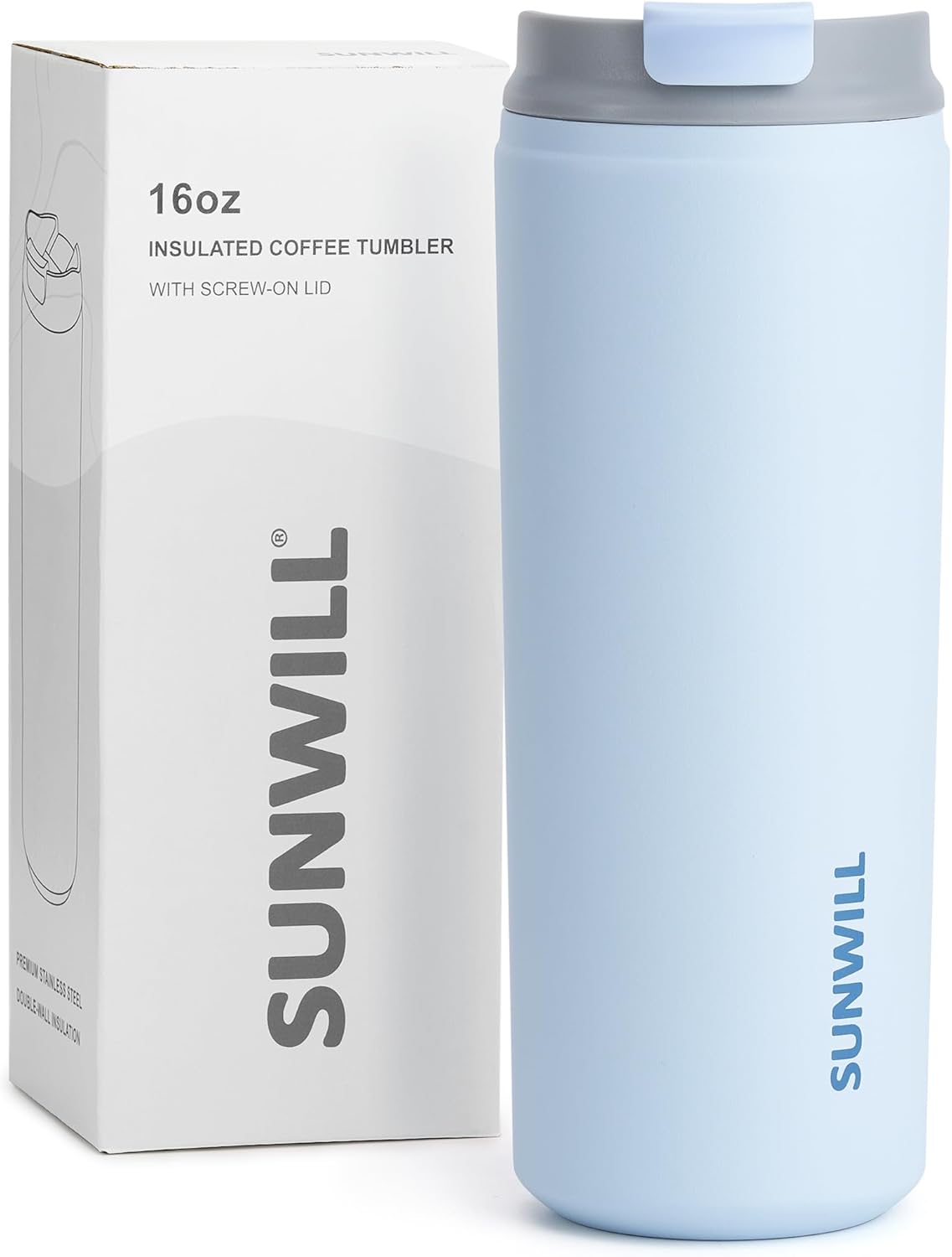 SUNWILL Travel Coffee Mug with Lid, Leak Proof Tumbler Stainless Steel, 16 oz Insulated Cup for Water, Tea, Ice, Powder Coated Iceberg