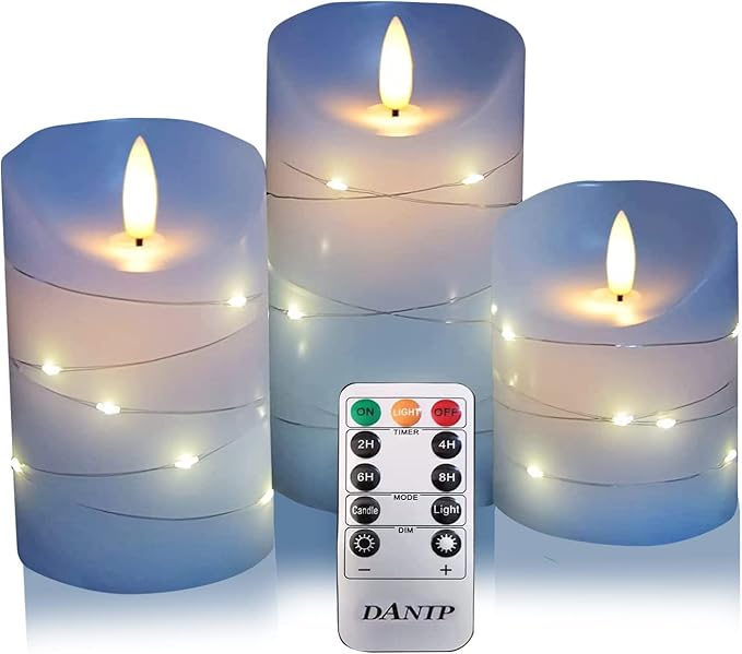 danip Sky Blue LED Flameless Candle, with Embedded Star String, 3-Piece Set of LED Candles, with 11 Button Remote Control, 24-Hour Timer Function, Dancing Flames, Real Wax, Battery Powered.