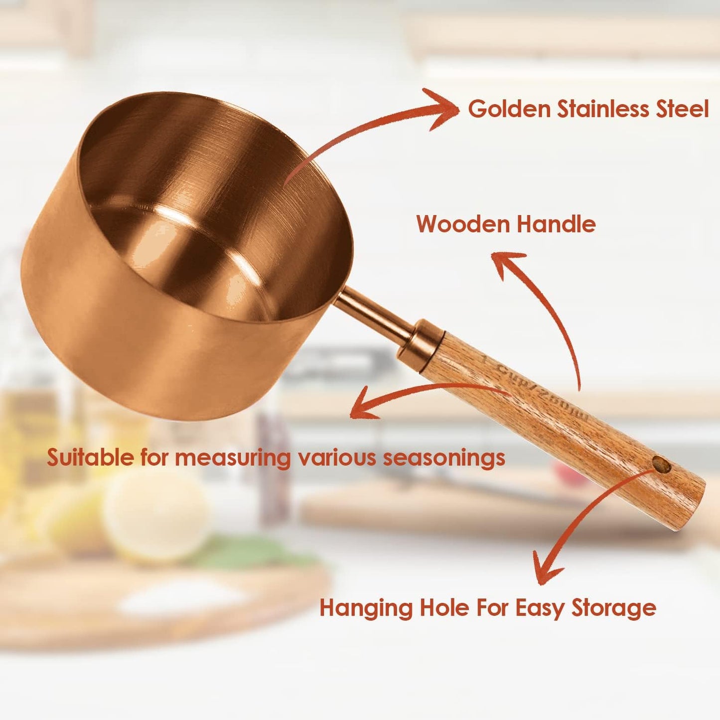 Collection 8 Piece Rose Gold Measuring Cups Set and Measuring Spoons, Golden With fragrant wood Handles-Complete Set of Measure Cups and Spoons For Cooking and Baking.