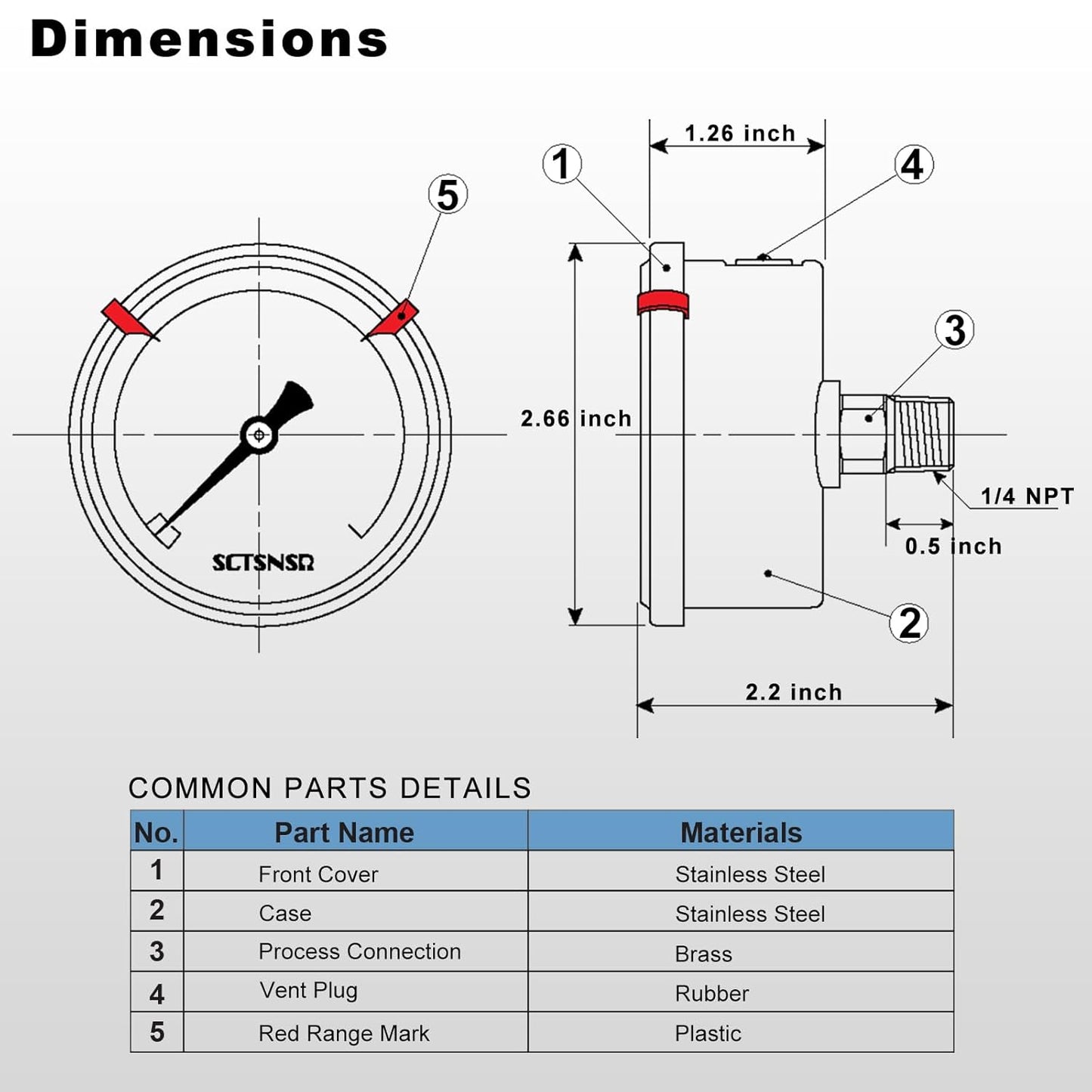 0 to 100 Psi Pressure Gauge, Glycerin Liquid Filled, 2.5 inch Dial, 1/4" NPT Back Mount, Stainless Steel Case, for Water Pump, Pneumatic Air, Well Tank, RV Hose, Gas, Low Pressure Test
