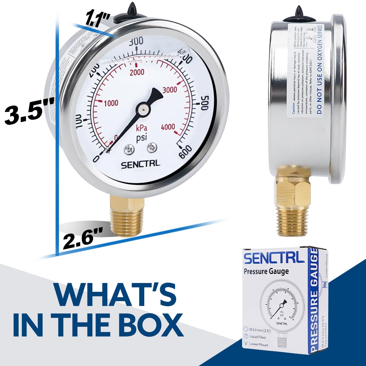 SENCTRL 0-600 Psi Glycerin Liquid Filled Pressure Gauge, 2.5" Dial Size, 1/4" NPT Lower Mount, Stainless Steel Case, for Air Gas Water Oil Hydraulic Pressure Test