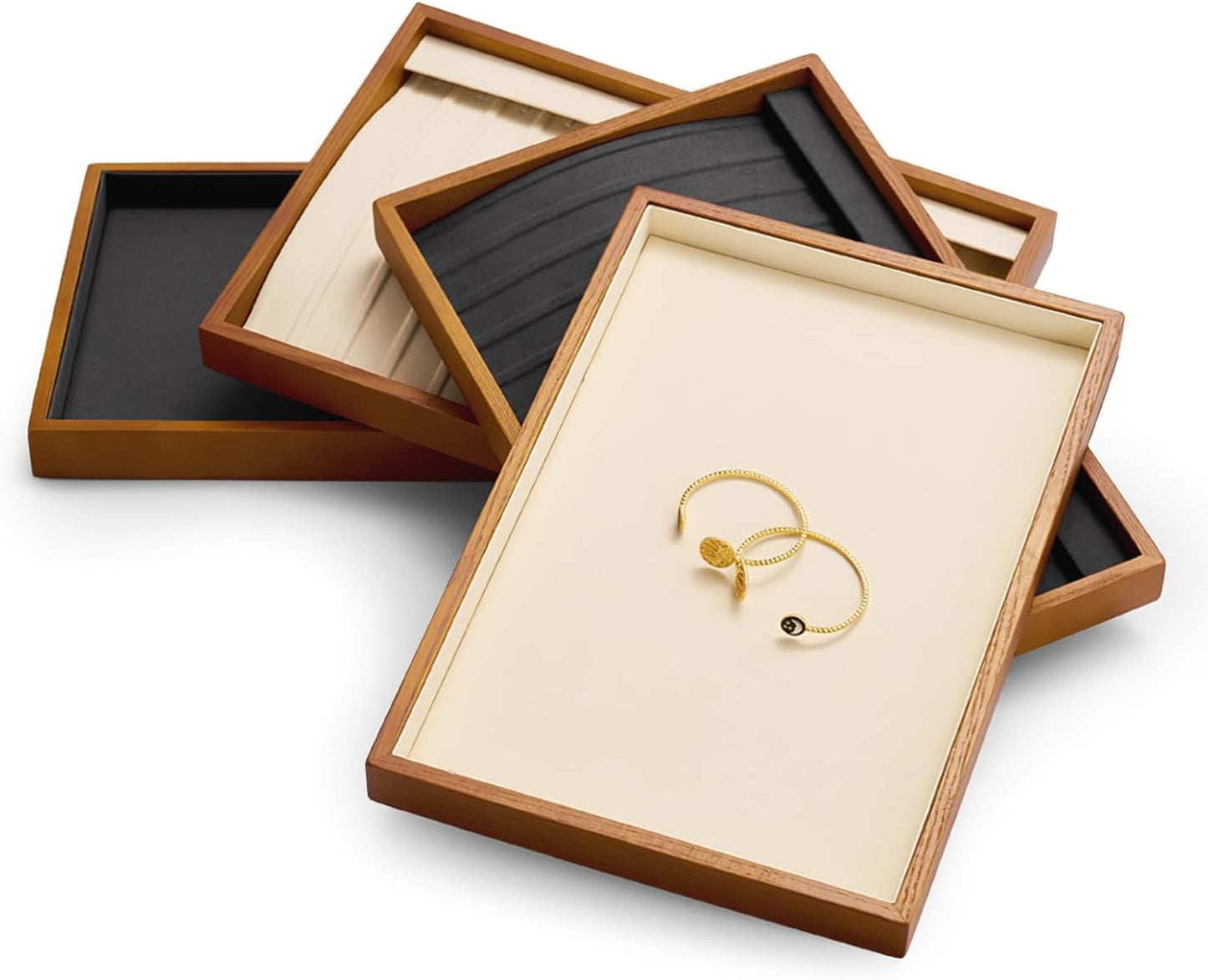 Oirlv 8 Line Wood Ring Storage Tray Jewelry Drawer Organizer Showcase Ring Earrings Display Holder(Creamy-White)