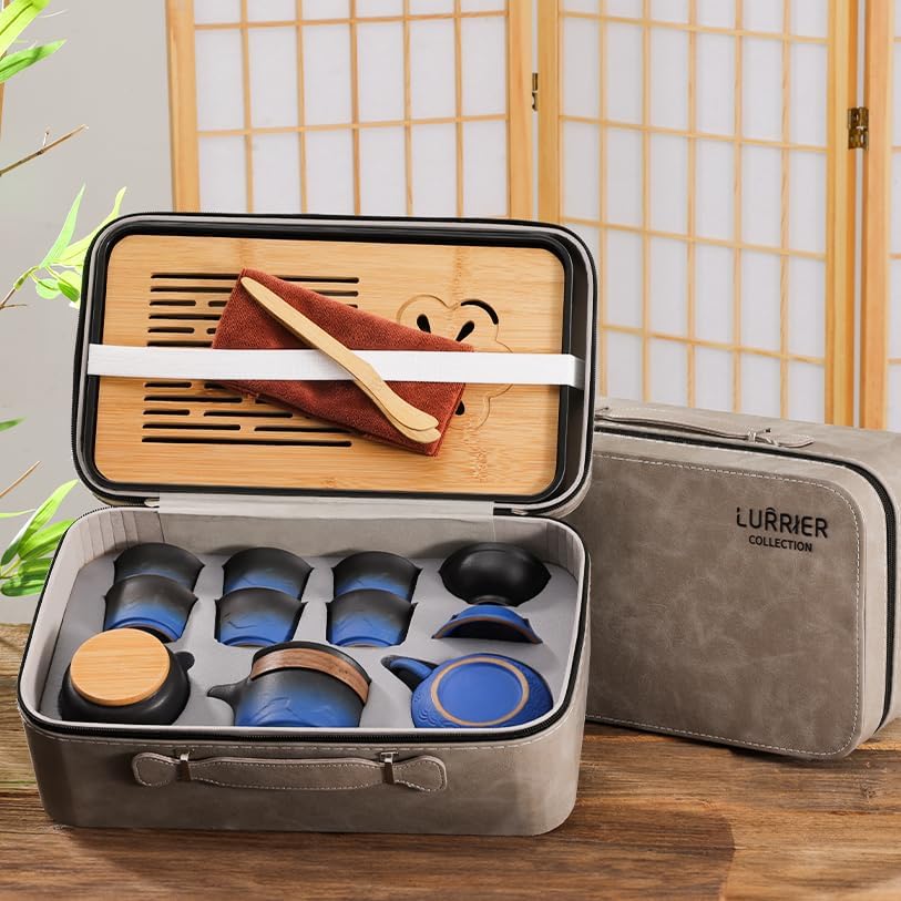 LURRIER Gongfu tea sets, Portable Ceramic TeaSet, Asian Tea sets for adult, Tea Gift sets, Grey leather case, Portable Travel Bag,Home,Gifting,Outdoor and Office(XBlack and Blue)