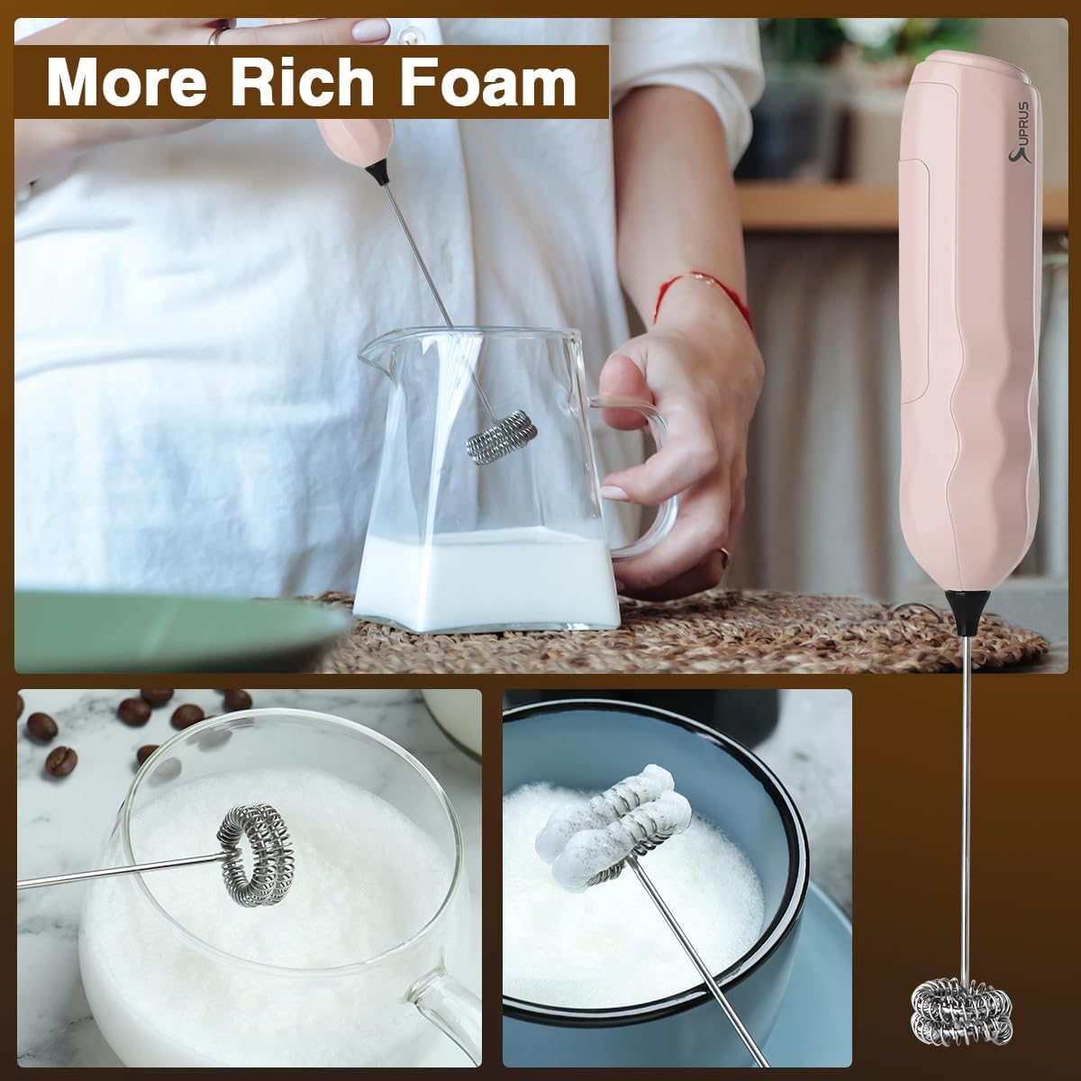 SUPRUS Ultra Fast Handheld Milk Frother Double Whisk with Stand 2 Batteries Stainless Steel for Lattes Cappuccino Matcha Hot Chocolate Coffee Bar Accessories Kitchen Gadgets Gift