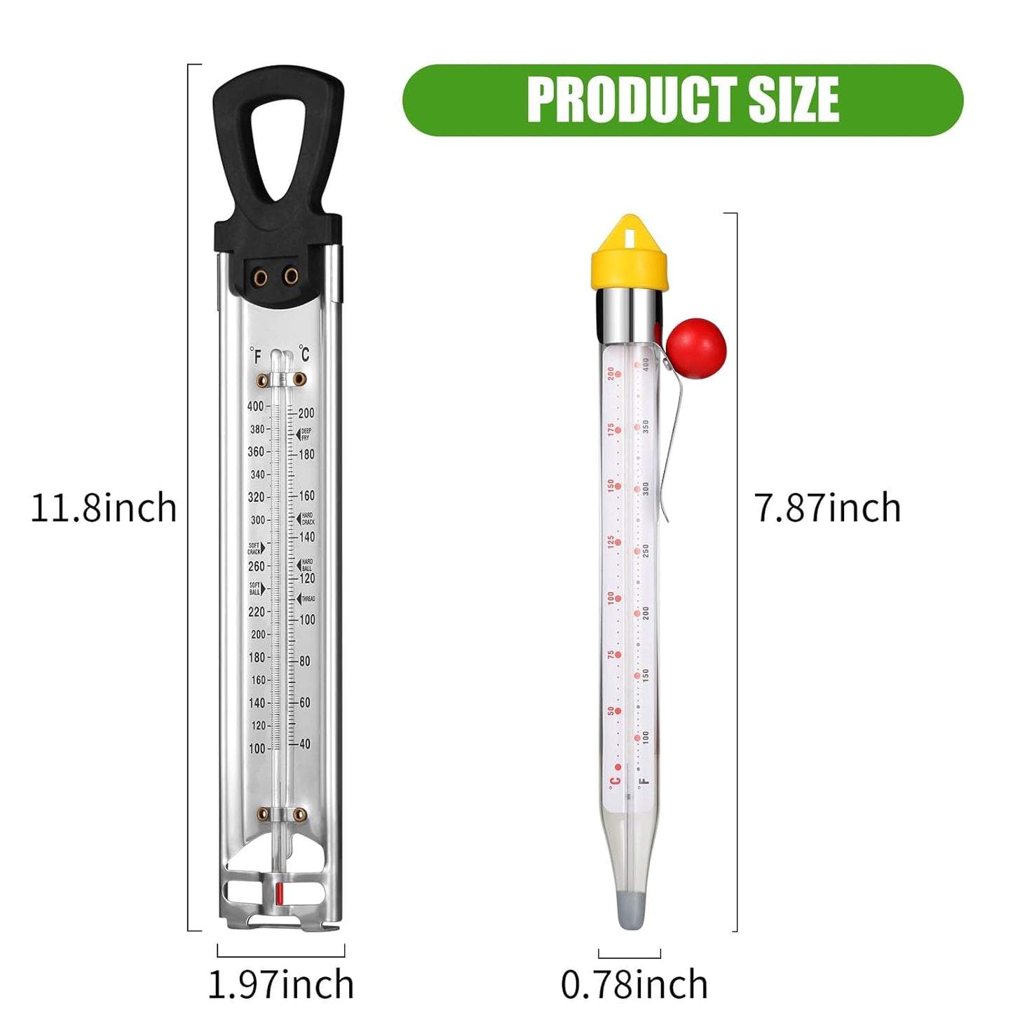 2Pcs Candy Thermometer with Pot Clip and Hanging Hook, Upgrade Stainless Steel Deep Fry Oil Thermometer Instant Read Cooking Thermometer for Food, Oil/Candy/Fry/Jam/Sugar/Syrup/Jelly Food Thermometers