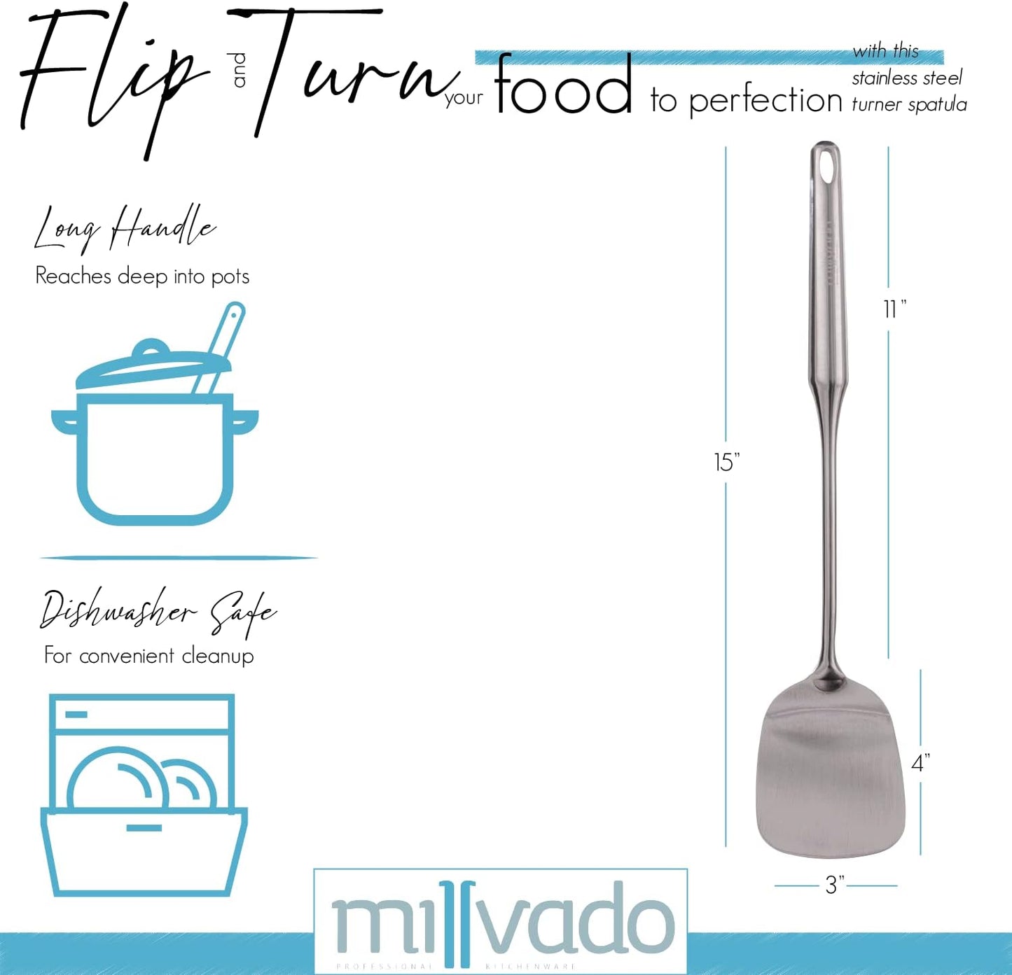 Stainless Steel Cooking Spatula,15 Inch Metal Turner, Kitchen Slotted Flipper For Grills, Camping BBQ’s, Frying Pancakes, Burgers, Large Cookware For the Professional Chef