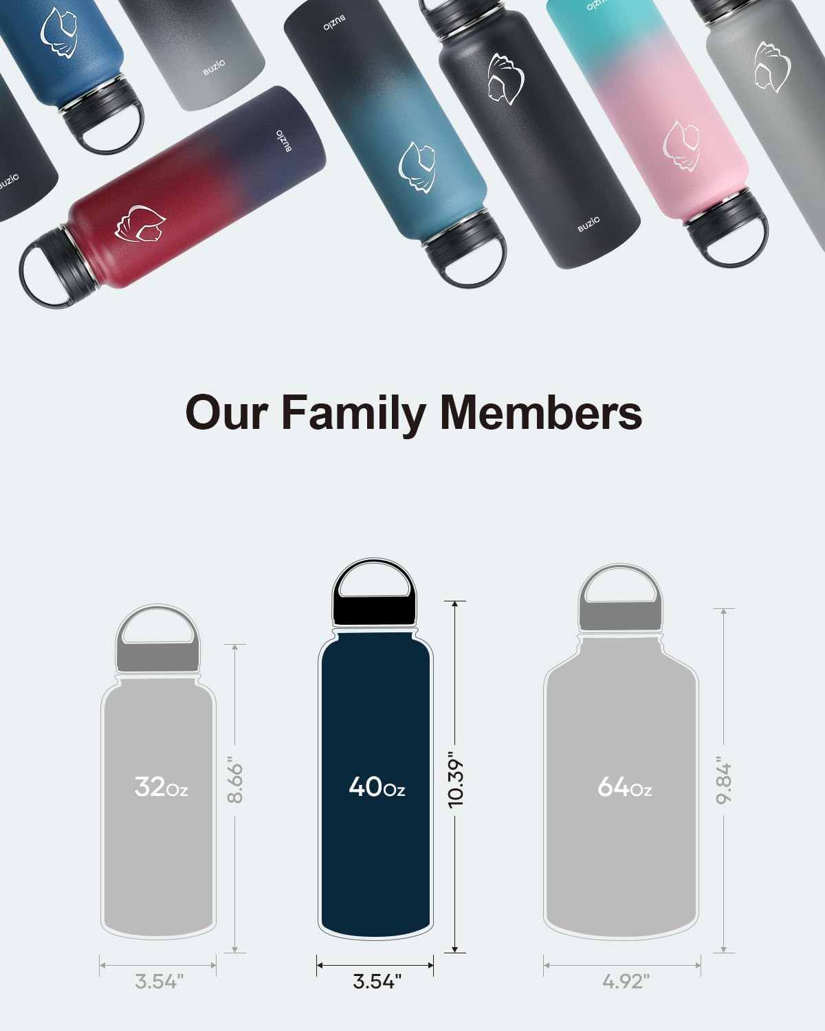 BUZIO 40 oz Water Bottle Insulated with Straw & 3 lid and Carrying Pouch, Leak Proof Anti-Slip Stainless Steel Water Flask Jug, Cold for 48 Hrs Double Vacuum Thermo Canteen, BPA-Free, Black