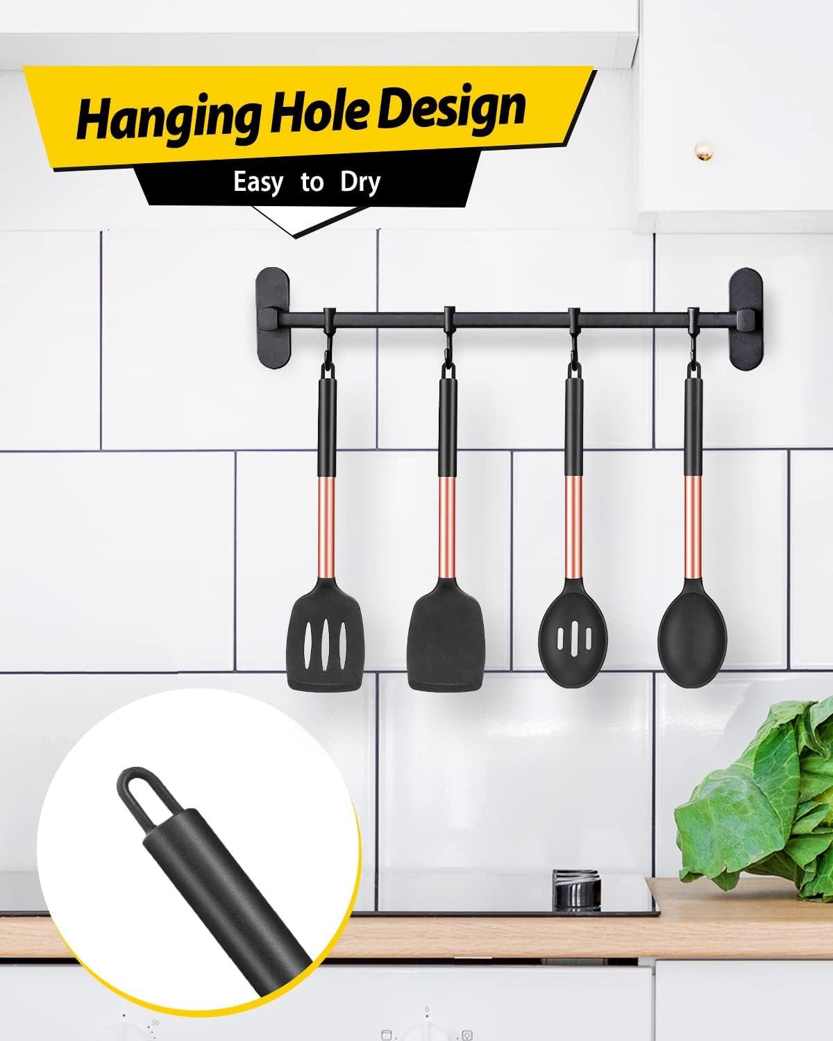 Pack of 4 Silicone Cooking Utensils Set, Non Stick Large Solid Spatulas, Heat Resistant Rose Gold Black Slotted Spoons, Ideal BPA Free Kitchen Turners for Frying, Mixing,Serving,Draining,Turning