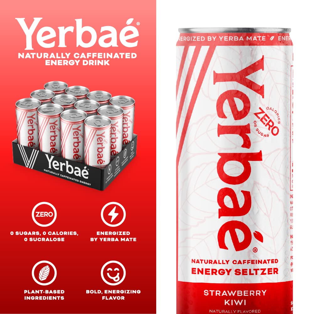 Yerbaé Energy Seltzer - Strawberry Kiwi, No Sugar/Calories/Carbs. Energized by Yerba Mate, Naturally Caffeinated Plant-Based, Healthy Alternative to Coffee/Sugary Sodas, Pack of 12, 12oz cans