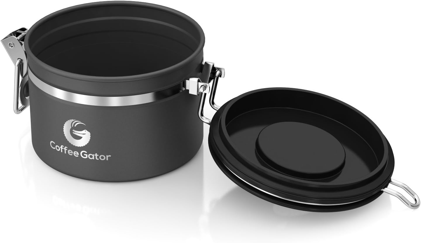 Coffee Gator Coffee Canister, 11oz Airtight Stainless Steel Kitchen Food Storage Container with Date-Tracker, CO2-Release Valve and Scoop for Beans, Grounds, Sugar, Cookies Jars, Tea, Cereal - Gray