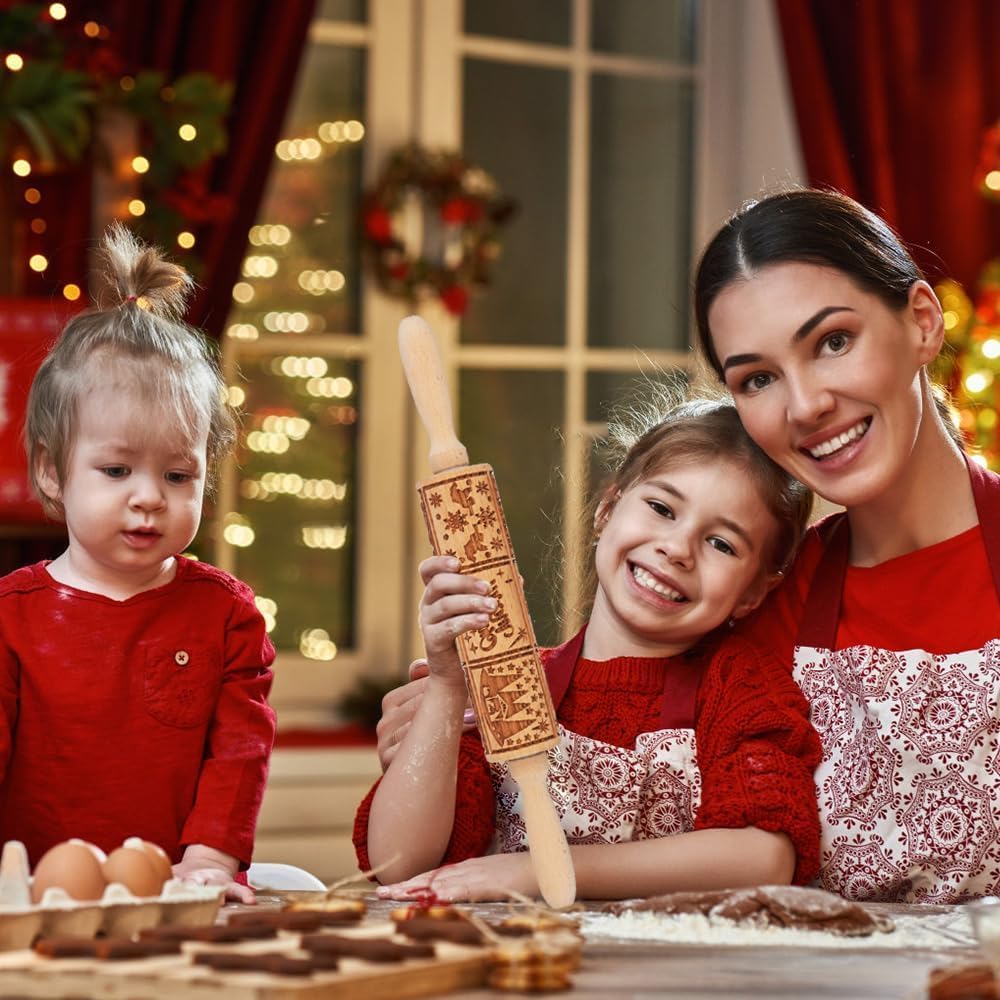 17" Premium Wood Rolling Pin with Nativity Embossed Designs | 3mm Deep Springerle Cookie Molds | Christmas Rolling Pin & Baking Gifts for Women | Includes 3-in-1 Cleaning Brush 
