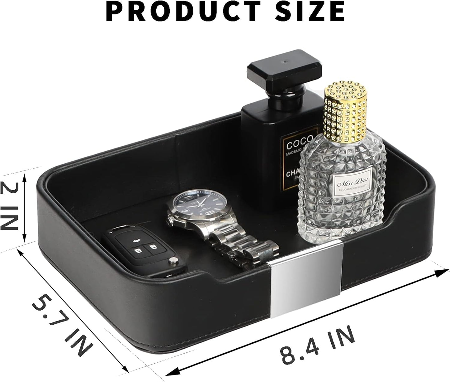 SANZIE Luxury Leather Tray Desktop Storage Catchall Organizer Decorative Tray for Entryway Table to Hold Jewelry Watch Keys Phone Wallet (Metal Silvered, Black)