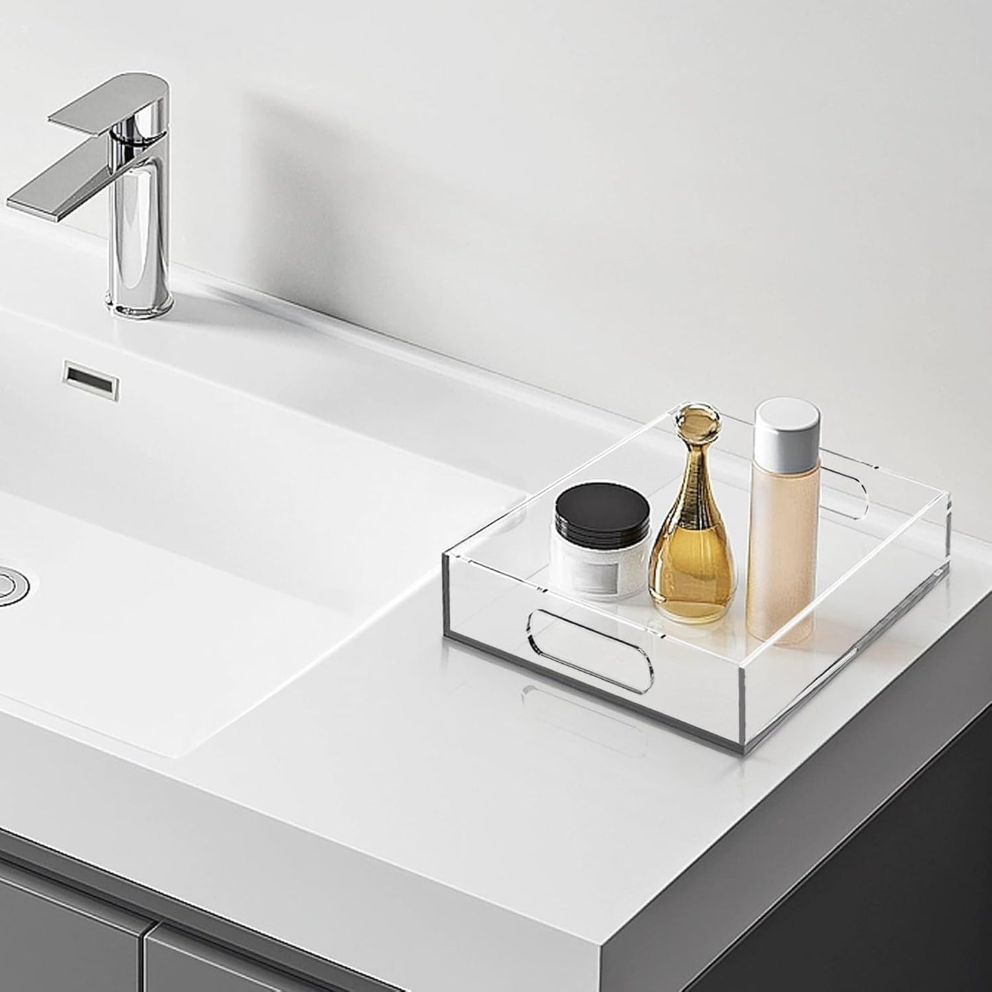 15 * 15 Acrylic Tray for Ottoman, Serving Tray with Handle, Lucite Tray Organizer for Bench, Coffee Table Countertop, Kitchen, Bathroom, Living Room, Powder Room