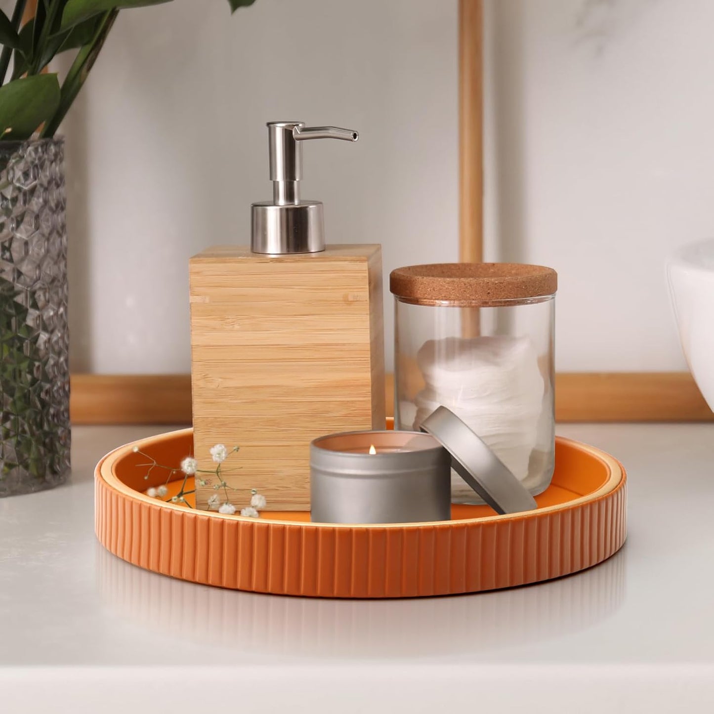 SANZIE Leather Tray Desktop Storage Organizer - Premium Serving & Decorative Tray for Sundries, Cosmetics, Phone, Wallet & Cutlery - Circle, Orange