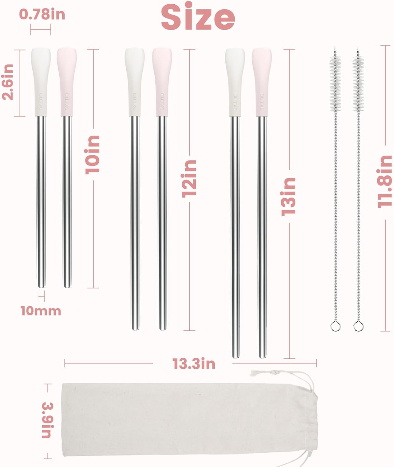 OUTXE Anti Wrinkle Straw 6 Pcs, Flat Wide Drinking Straw for Stanley Cup 40 oz 30 oz, Reusable Wrinkle Free Long Stainless Steel Metal Straw for Lip with Cleaning Brush and Carrying Bag